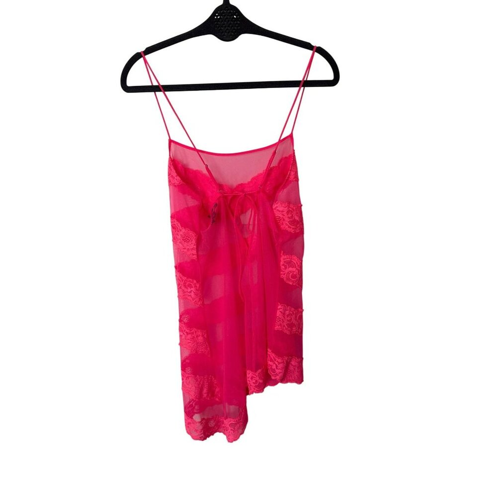Victoria's Secret Chemise Large Hot Pink Sheer Lace Asymmetrical Lingerie - Picture 2 of 4